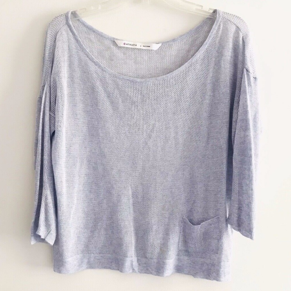 Athleta | Cashmere Blend Mesh knit Crop Top Womens Small S Blue Pullover